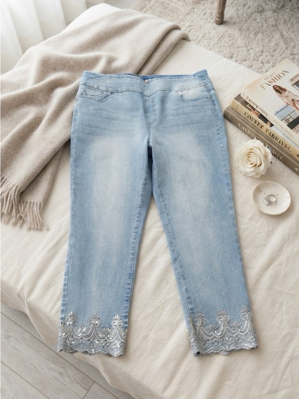 Light Blue Embroidered Scalloped Hem Ankle Jeans